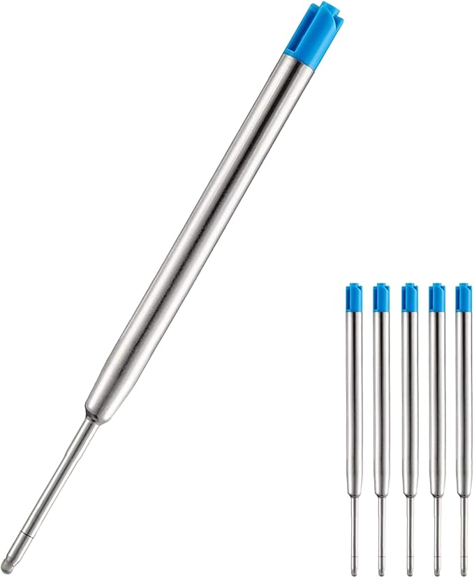 HeTaoCat Blue Ink Refill Pack of 5, Replaceable Ballpoint Pen Refills, Medium Point Metal Refil (Blue)