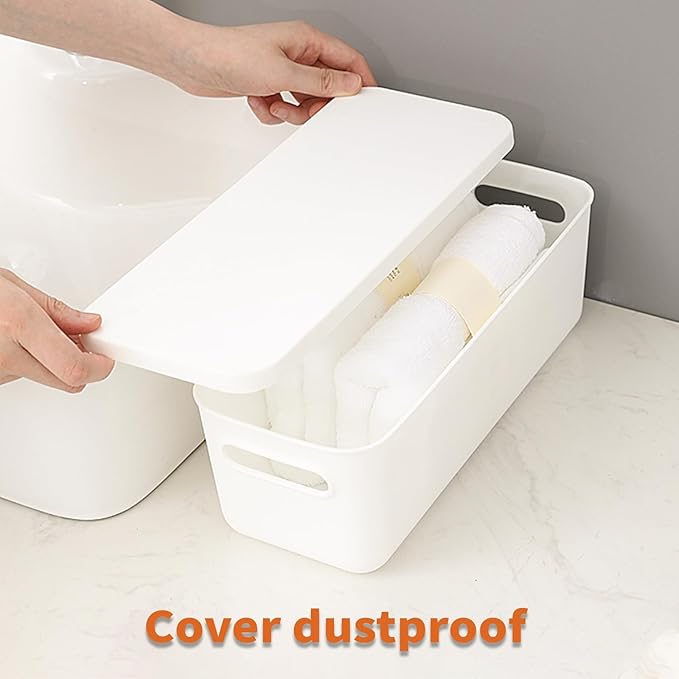 Plastic Storage Baskets With Lid Organizing Container Lidded Knit White Storage Organizer Bins for Shelves Drawers Desktop Playroom Classroom Office (8XS)