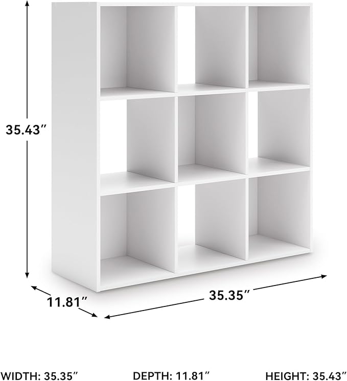 Signature Design by Ashley Onita Modern 3-Tier Floor Standing 9 Cube Organizer for Living Room, Wood, Works with 10.5" W x 10.5" D x 11" H Storage Bin (Sold Separately), White