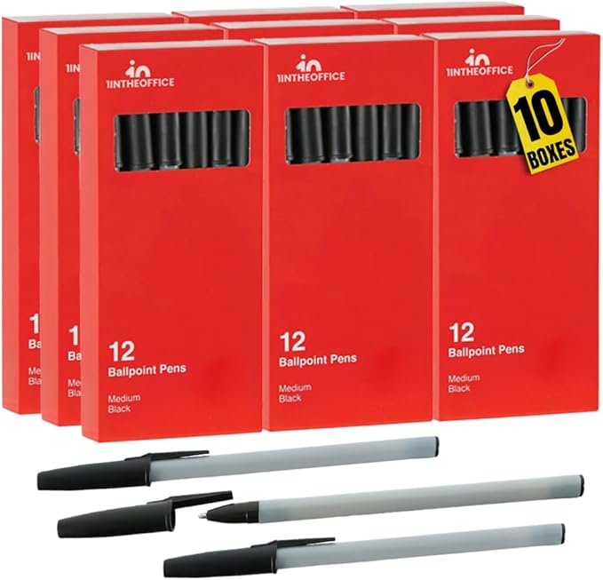 1InTheOffice Ballpoint Pens, Medium Point, Black Ink, 1.0mm, 12 Pens/Box, 10 Boxes