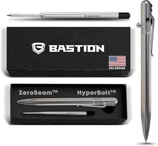BASTION® Luxury Slim Bolt Action Pen, Durable EDC Pen with Fine Tip, Professional Ballpoint Pen for School and Work - Stainless