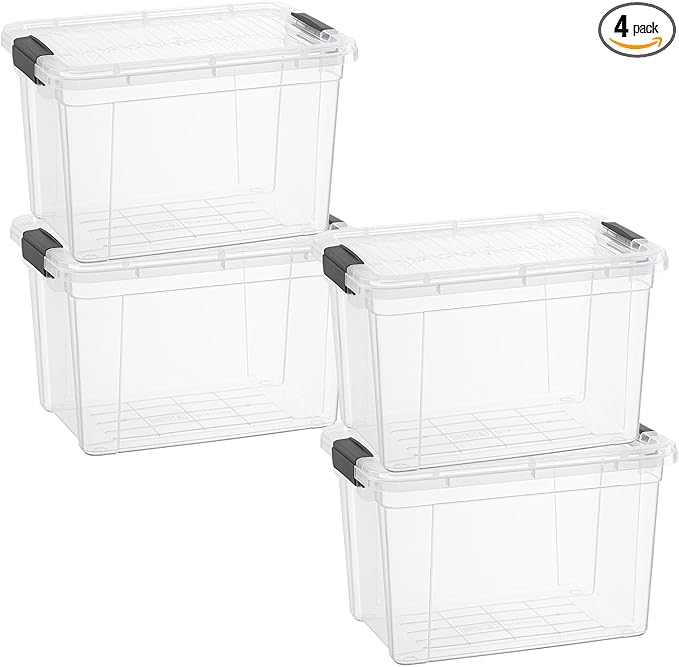 Superio Clear Storage Boxes with Lids, 4.7 Quart Plastic Container Bins for Organizing, Stackable Crates, BPA Free, Non Toxic, Odor Free, Organizers for Home, Office and Dorm, 4 Pack