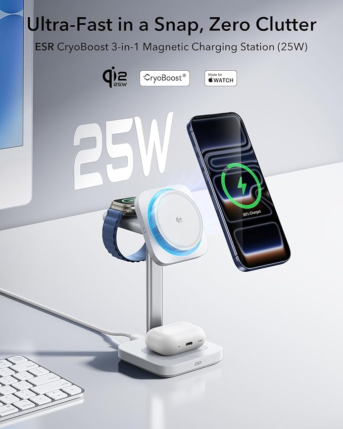 ESR for 3 in 1 Charging Station, Qi2.2 Certified 25W MagSafe Charger Stand with CryoBoost, Phone-Cooling Fast Charging Station, for iPhone 17/16 with iOS 26, AirPods, Apple Watch, White