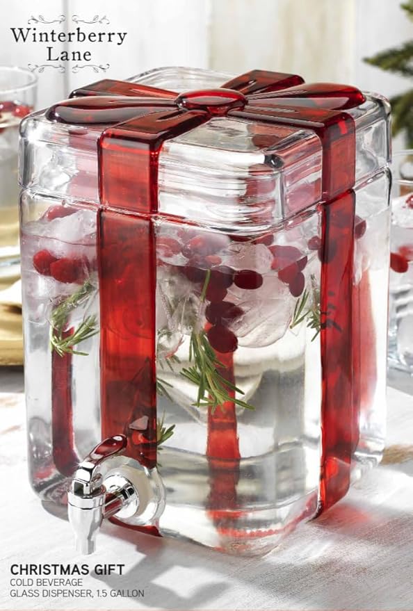 Gift Box Drink dispenser with Red Ribbon Design, Glass Beverage Dispenser For Christmas Party & decorations, Gift Ready Packaging With 100% Leakproof Spigot Perfect For Parties And Daily Use 1.5 GAL