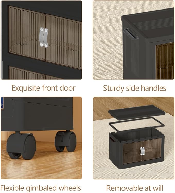 Stackable Storage Bins with Lid & Wheel, Folding Storage Cabinet with Door, Large Foldable Containers Plastic Collapsible Storage Boxes for Home, Pantry, Office (M, Gray 4-Tier)