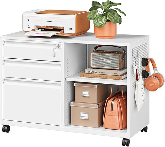 3 Drawer Metal File Cabinet with Lock,Mobile Lateral Filing Cabinet,Printer Stand Storage Cabinets with Shelves for Home Office(White)