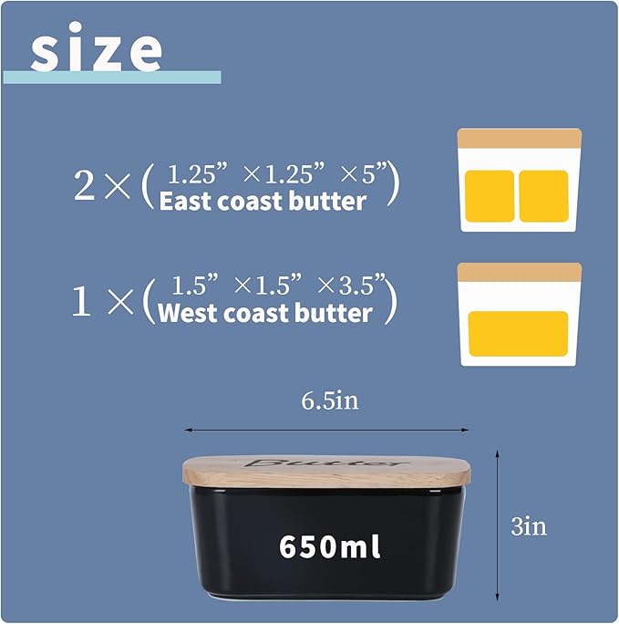 GDCZ Ceramics Butter Dish with Wooden Lid- Large Covered Butter Holder for Countertop, Butter Keeper Container Perfect for Holds 2X 4oz West/East Coast Butter, Black