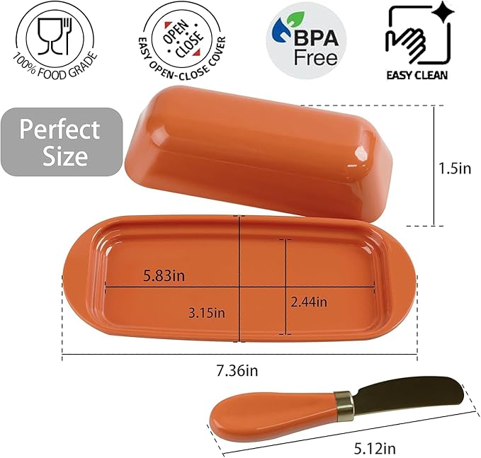 Butter Dish with Lid and Knife, Durable Countertop & Fridge Butter Keeper, BPA-Free Melamine Butter Container, Dishwasher Safe, Fits East/West Coast Butter Sticks (Pumpkin Orange)