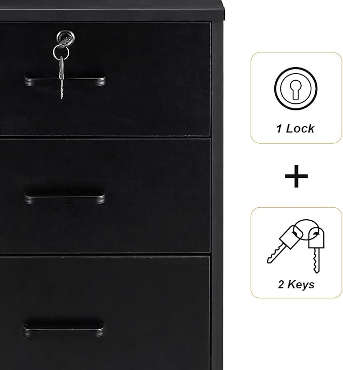 TUKAILAi Mobile File Cabinet with 3 Drawers, Lockable Storage Unit Wooden Rolling Office Filing Cabinet with Wheels, for Legal/Letter/A4 Sized Documents Home Office (Black 2PCS)
