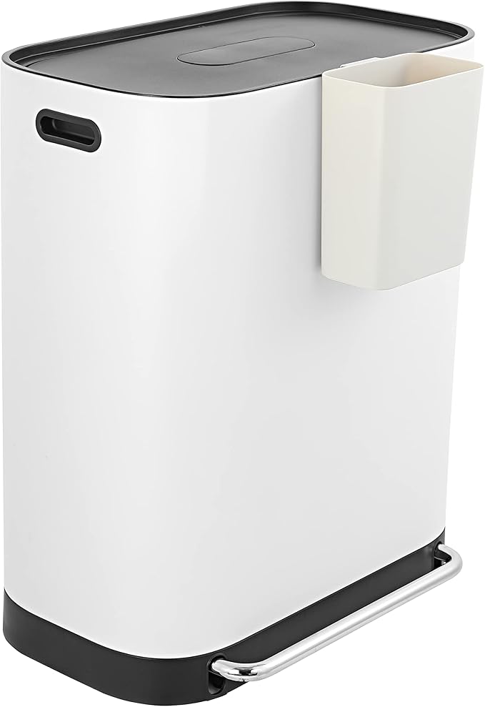 happimess HPM1014C Beni Kitchen 16-Gallon Double-Bucket Step-Open Trash Can with Soft-Close Lid, Modern, Minimalistic, Fingerprint Proof for Home, Kitchen, Laundry Room, Office, Bathroom, White