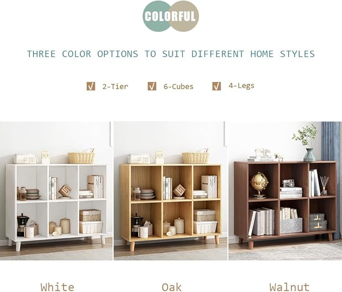 IOTXY Freestanding Open Cubes Bookcase - 2-Tier Floor Standing Wooden Storage Display Cabinet Organizer with Legs for Home Office, 6-Cubes Open Shelf Low Short Bookshelf, Oak