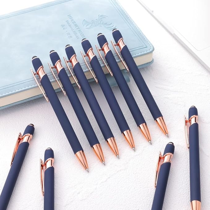 12 PCS 2 in 1 Stylus Ballpoint Pen with Stylus Tip, 1.0 mm Black Ink Metal Pen Stylus Pen for Touch Screens (Rose Gold & Blue)
