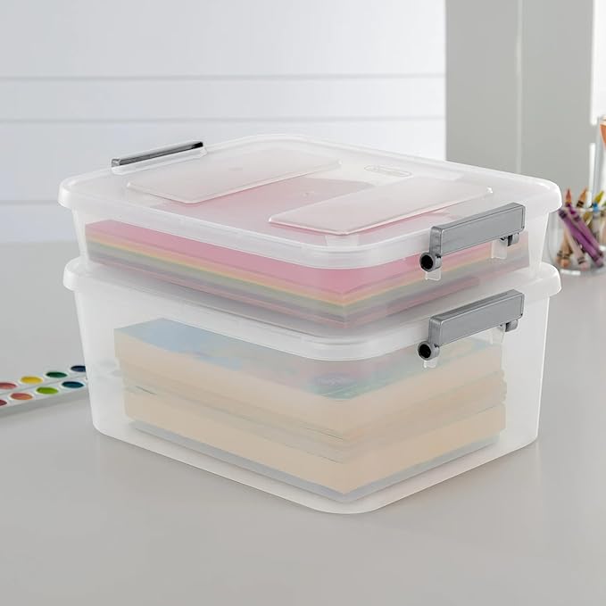 (3 Pack) 12.7 Quart Clear Plastic Modular Storage Containers with Write-On Label Latches - Gray Stackable Organizer Boxes for Home, Office, Closet, Garage & Pantry Organization