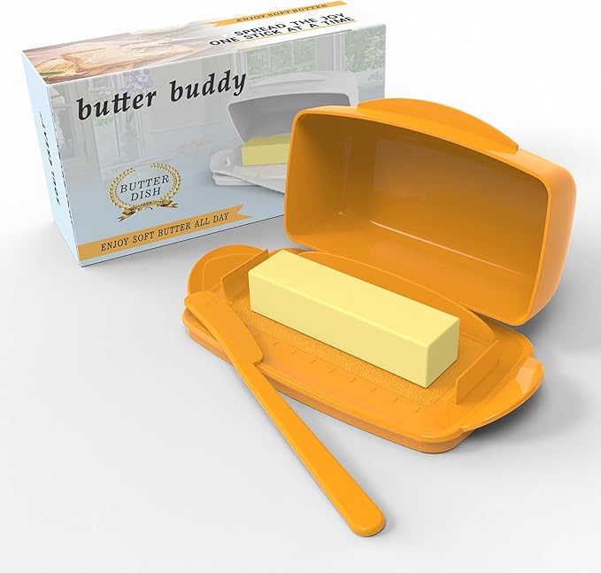 Butter Dishes with Lid for Countertop Refrigerator, Plastic Butter Dish Clear Flip Top Lid Butter Container with Spreader, Non-Slip Bottom Butter Holder Keeper (Orange)
