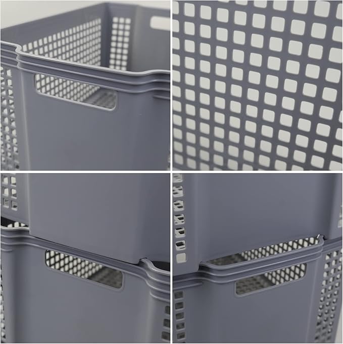 Large Plastic Stacking Storage Baskets, Grey Stackable Storage Bin, 6-Pack