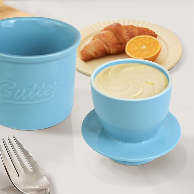 Butter Crock for Counter with Water, French Butter Keeper for Spreadable Butter Ceramic Butter Dish with Lid for Countertop, Butter Container Holder, Home Kitchen Decor (Blue, M)