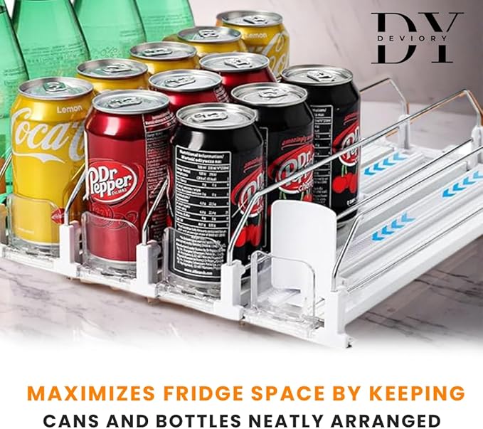 Soda Can Organizer with Automatic Can Pusher | Refrigerator Drink Organizer | Beverage Dispenser for Soda, Cans and Bottles | Space-Saving | Stainless Steel | Adjustable Sizes (5 Rows)