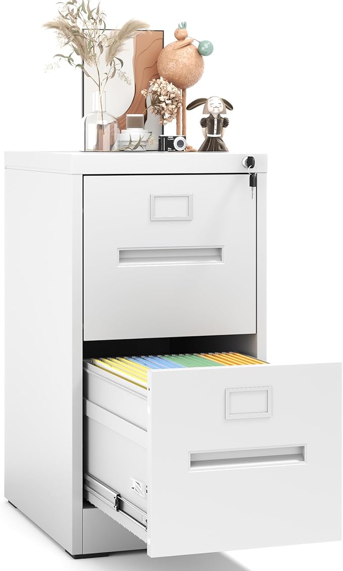 2 Drawer File Cabinet with Lock, Metal Vertical Filing Storage Cabinet for Home Office, Steel Vertical File Cabinets for Legal/Letter File Folders, Easy Assemble (White)