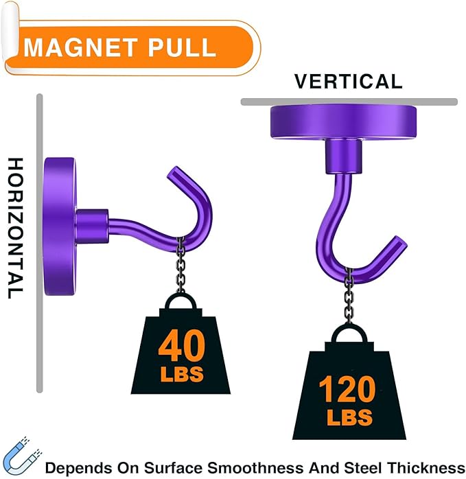 MIKEDE Strong Magnetic Hooks, 120Lbs Heavy Duty Magnetic Hooks for Cruise, Neodymium Earth Magnets with Hooks for Hanging, Super Metal Industrial Magnets for Grill, Storage (Purple,10 Pack)