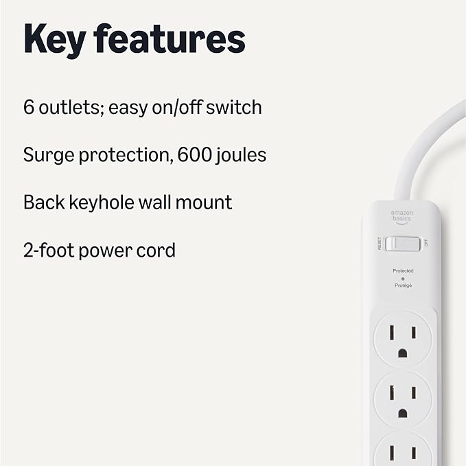 Amazon Basics Rectangle 6-Outlet, 600 Joule Surge Protector Power Strip, 2ft, Small, White, 2-Pack