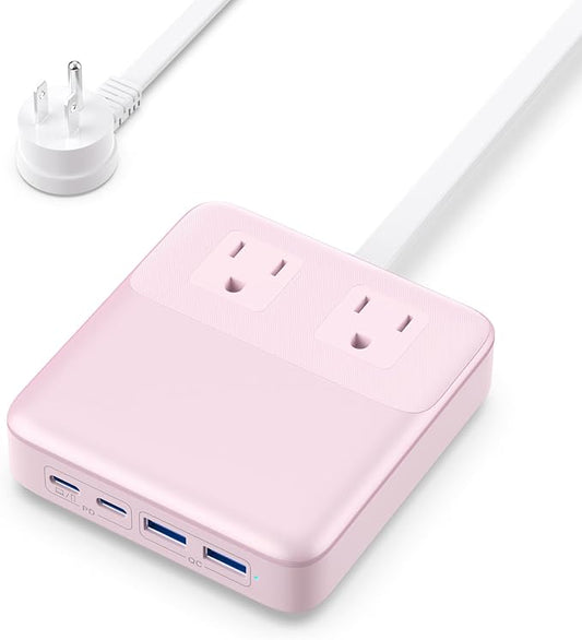 USB C Charger Block,135W GaN IV Fast Charging Station Hub,6-in-1 USB C Power Strip with Flat Plug and 5ft Cord,2 AC,2 USB A,2 USB C,PD 65W Laptop Charger for MacBook Air/Pro,iPhone16/15,Samsung-Pink