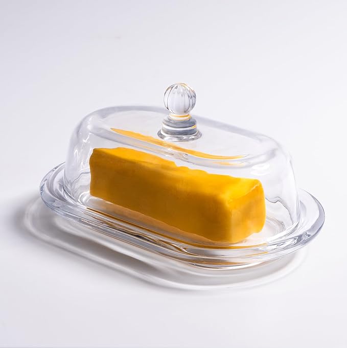 7.5" Large Glass Butter Dish with Cover, Clear Crystal Glass Butter Holder Tray with Lid for Countertop Fridge