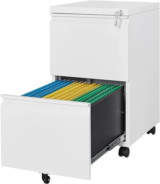 2 Drawer Mobile File Cabinet with Lock,Under Desk Filing Cabinet for Home Office, Metal Filing Cabinets on Wheels for Legal/Letter/A4 File, Assembled Required, White