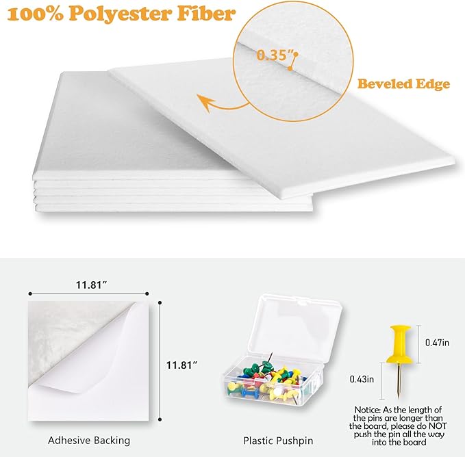 Large Cork Board for Wall with Pins, 36" x 24" Bulletin Board Self-Adhesive Pin Board | Customized 6 Packs Felt Tiles for Office Home Wall Decor, White