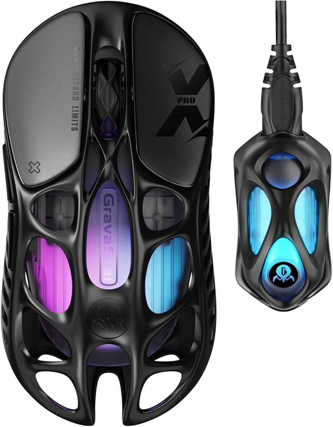 GravaStar Mercury X Pro Wireless Gaming Mouse, Come with 8K Dongle – 32,000 DPI PAW 3950 Sensor, 8,000Hz Polling Rate, Only 49g, Magnesium Alloy Hollow Frame, RGB Lighting, 5 Programmable Buttons