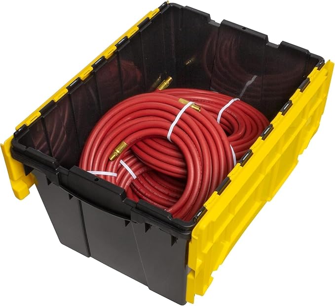 Akro-Mils KeepBox 12 Gallon Storage Container, Nesting and Stackable Plastic Storage Box with Lid Attached, Clear Tote for Garages, Closets, and Moving, 21-1/2" x 15" x 12-1/2", Black/Yellow, 6-Pack