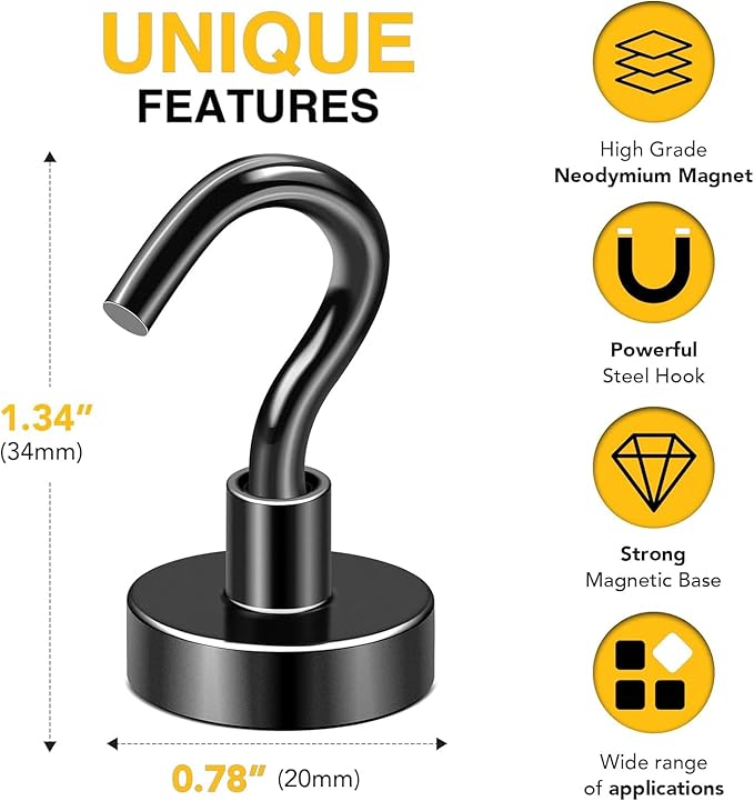 DIYMAG Black Magnetic Hooks, 50 LB Heavy Duty Strong Magnets with Hook, Rare Earth Neodymium Magnet for Cruise Cabins Ship Essentials 12 Packs