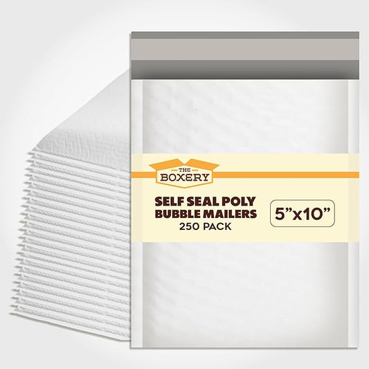 The Boxery 5x10''|#00 Poly Bubble Mailers- 250 Pack, Padded Envelopes, Self Seal, Waterproof Shipping Bags, Padded Mailers for Shipping & Packaging