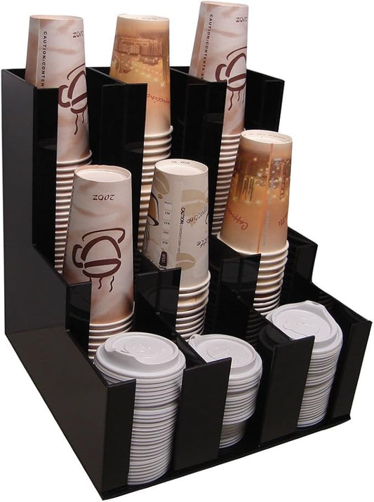 RCS Plastics Verticle Coffee Cup Dispenser and Lid Holder Condiment Stirrer, Sugar Cup Caddy Organizer and Display Your Coffee Station Counter with Style 3wx3d (1008) 12"x12"x12"