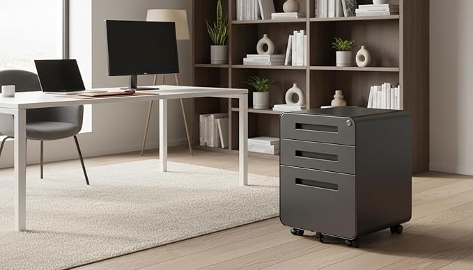 Modern 3-Drawer Mobile File Cabinet, Dark Grey Metal Filing Cabinet with Lock, Under-Desk Rolling File Storage with 5 Wheels, Legal/Letter/A4 Hanging File Compatible, 15.75" W x 18.11" D x 22.83" H