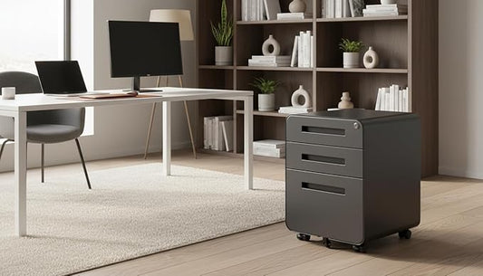 Modern 3-Drawer Mobile File Cabinet, Dark Grey Metal Filing Cabinet with Lock, Under-Desk Rolling File Storage with 5 Wheels, Legal/Letter/A4 Hanging File Compatible, 15.75" W x 18.11" D x 22.83" H