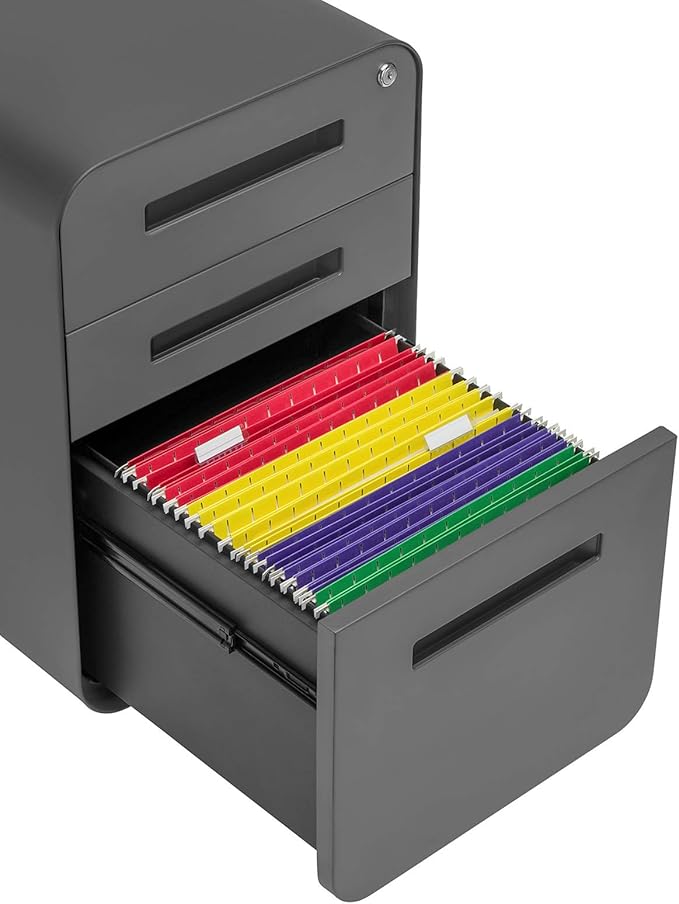 Laura Davidson Furniture Stockpile 3 Drawer File Cabinet with Lock - Under Office Desk Metal Filing Cabinet, Legal/Letter File Folders, Wheels and Stationary Feet, Pre-Assembled, Dark Grey