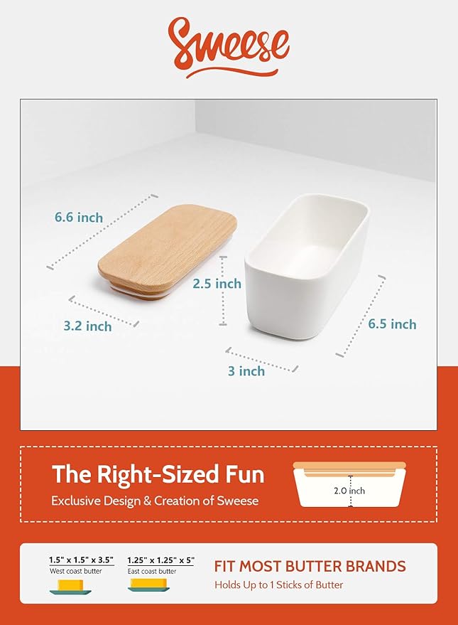 Sweese Small Butter Dish with Lid for Countertop, Airtight Butter Keeper Holds Up to 1 Sticks of Butter, Porcelain Butter Container for Kitchen Decor and Accessories for Kitchen Gift, White