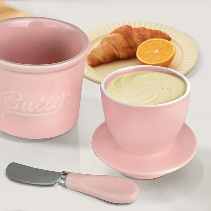 Ceramic Butter Crock with Lid & Spreader Knife, Butter Keeper - Ideal Butter Storage & Countertop Butter Dish,Pink