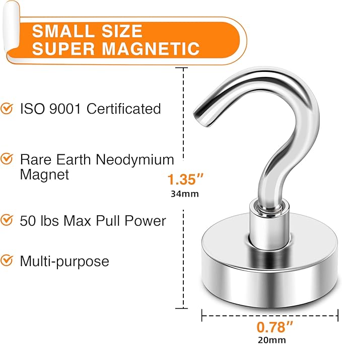 MIKEDE Magnetic Hooks Heavy Duty, 50 Lbs Magnet with Hooks for Cruise Cabins, Strong Magnets Neodymium for Hanging, Magnetic Wall Hooks for Refrigerator, Locker Decoration, Workplace -10Pack