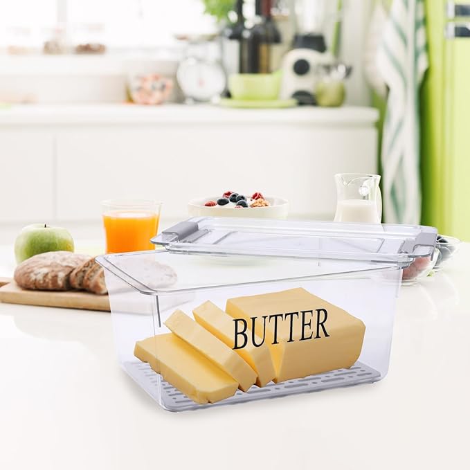 Butter Dispenser Box for Refrigerator,Butter Dish with Airtight Lid,BPA Free Butters Sticks Container with Butters Knife for Countertop kitchen decor and accessories,Clear Fridge Storage Box