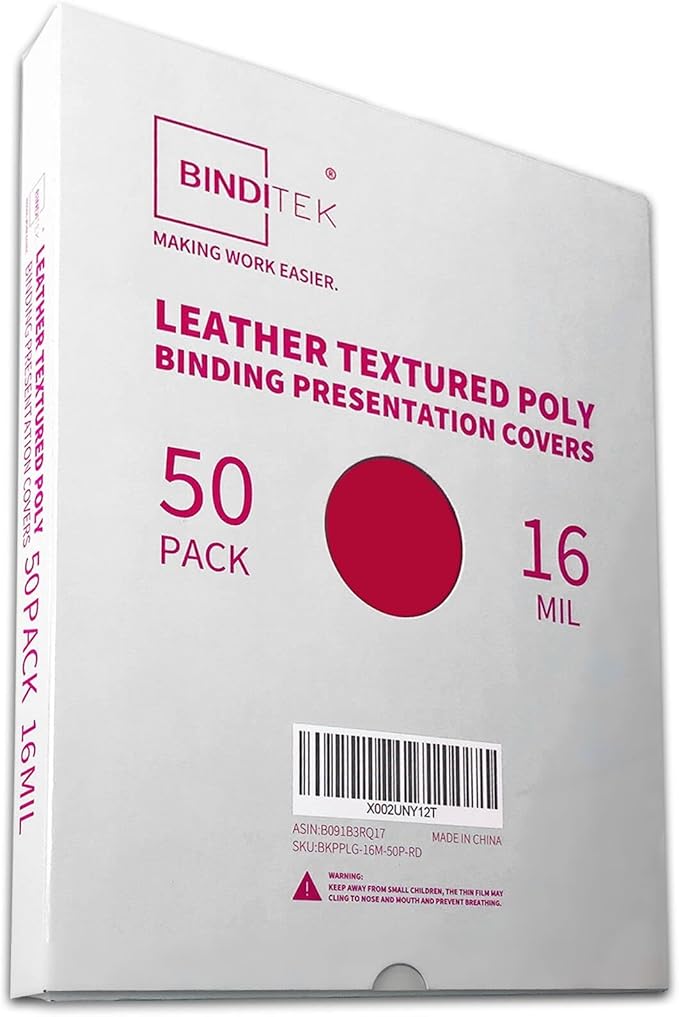 Binditek 50 Pack 16 Mil Leather Textured Polycovers - Binding Presentation Covers for Business Reports and Proposals 8-1/2 x 11 Inches, Red Color, for Students and Coworkers