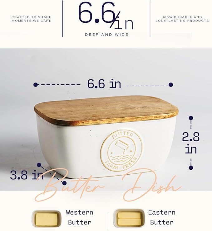 Getstar Ceramic Butter Dish with Acacia Lid for Countertop, Silicone Sealing, Farmhouse Kitchen Counter Decor, Large Butter Keeper Container (6.5”x4”)