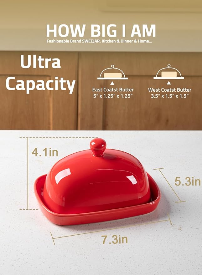 Sweejar Ceramic Butter Dish with Lid for Countertop,Porcelain Butter Keeper with Knob Handle,Butter Container for East/West Coast Butter, 7.3*4.1 inches (Red)