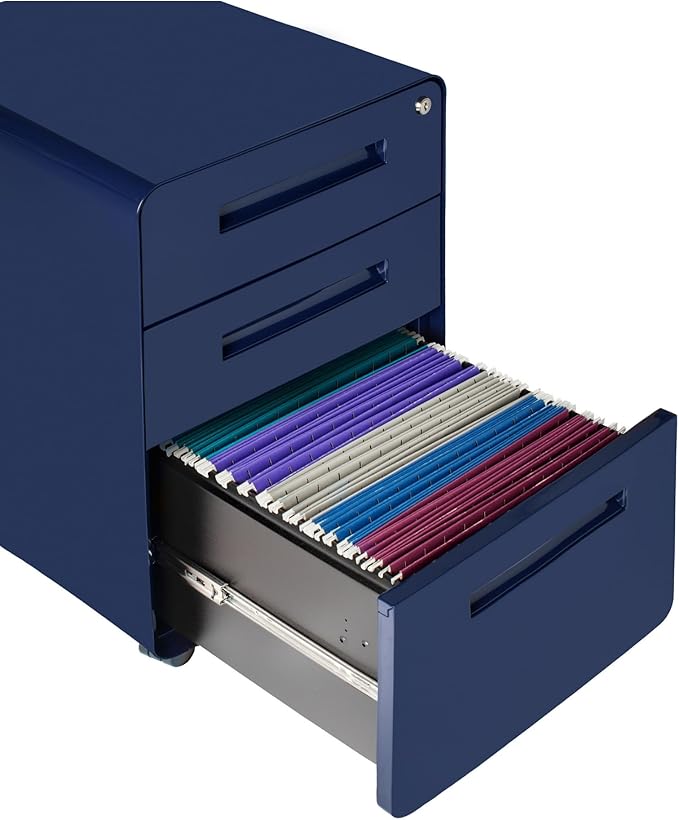 Laura Davidson Furniture Stockpile 3 Drawer File Cabinet with Lock - Under Office Desk Metal Filing Cabinet, Legal/Letter File Folders, Wheels and Stationary Feet, Pre-Assembled, Navy Blue