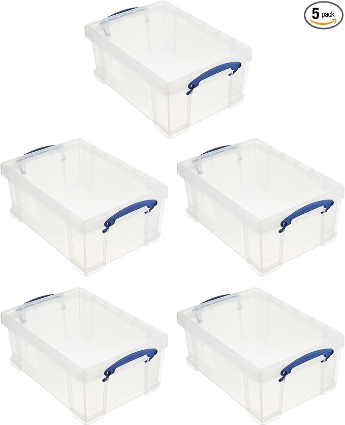 Really Useful Box Stackable 9 Liter Plastic Storage Container Bin with Snap Lid and Built-In Clip Lock Handles for Home & Office Organization (5 Pack)