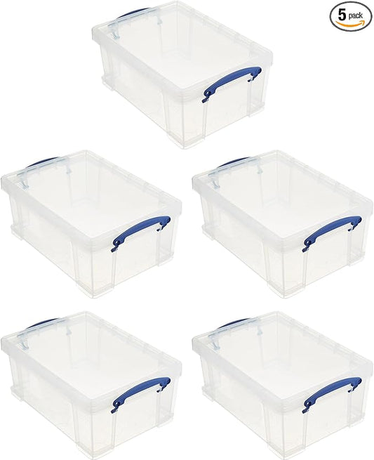 Really Useful Box Stackable 9 Liter Plastic Storage Container Bin with Snap Lid and Built-In Clip Lock Handles for Home & Office Organization (5 Pack)