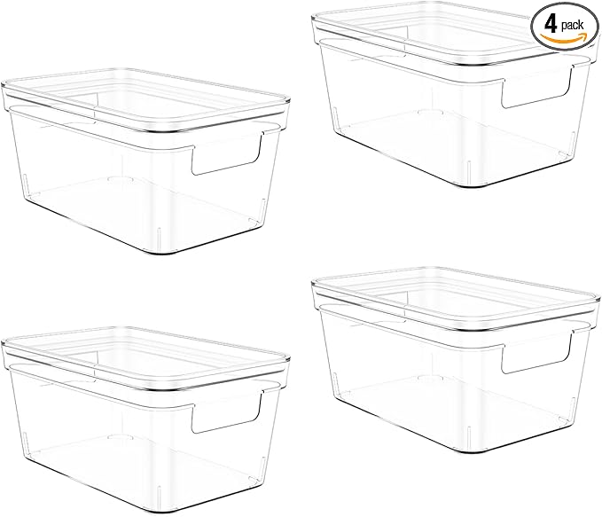 MOONEDGE Clear Plastic Storage Bins with Lids – Stackable Organizer Containers for refrigerator, Kitchen, Pantry, Bathroom, Closet, Laundry Room, Office – 4 Pack (10×6×5 in)