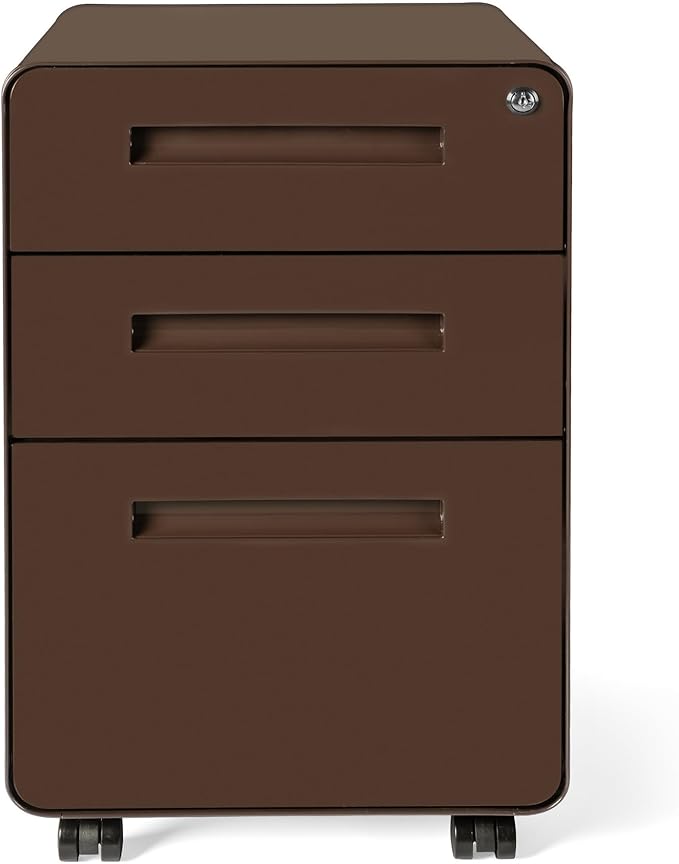 Laura Davidson Furniture Stockpile 3 Drawer File Cabinet with Lock - Under Office Desk Metal Filing Cabinet, Legal/Letter File Folders, Wheels and Stationary Feet, Pre-Assembled, Dark Brown