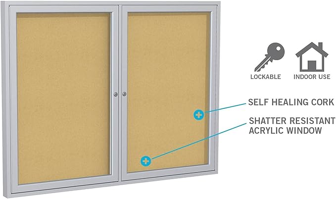 Ghent 48" x 60" 2-Door indoor Enclosed Bulletin Board , Shatter Resistant, with Lock, Satin Aluminum Frame - Natural Cork (PA245K) Made in the USA