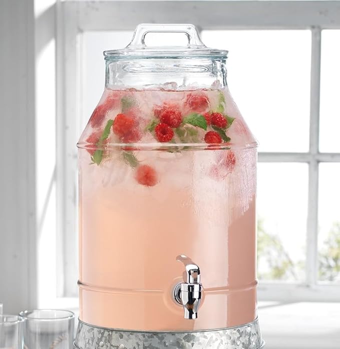 3 Gallon Glass Drink Dispensers For Parties,Classic Mason Jug Beverage Dispensers With Glass Lid With Handle And 100% Leakproof Spigot.Glass Water Jug Dispenser,Lemonade Dispenser